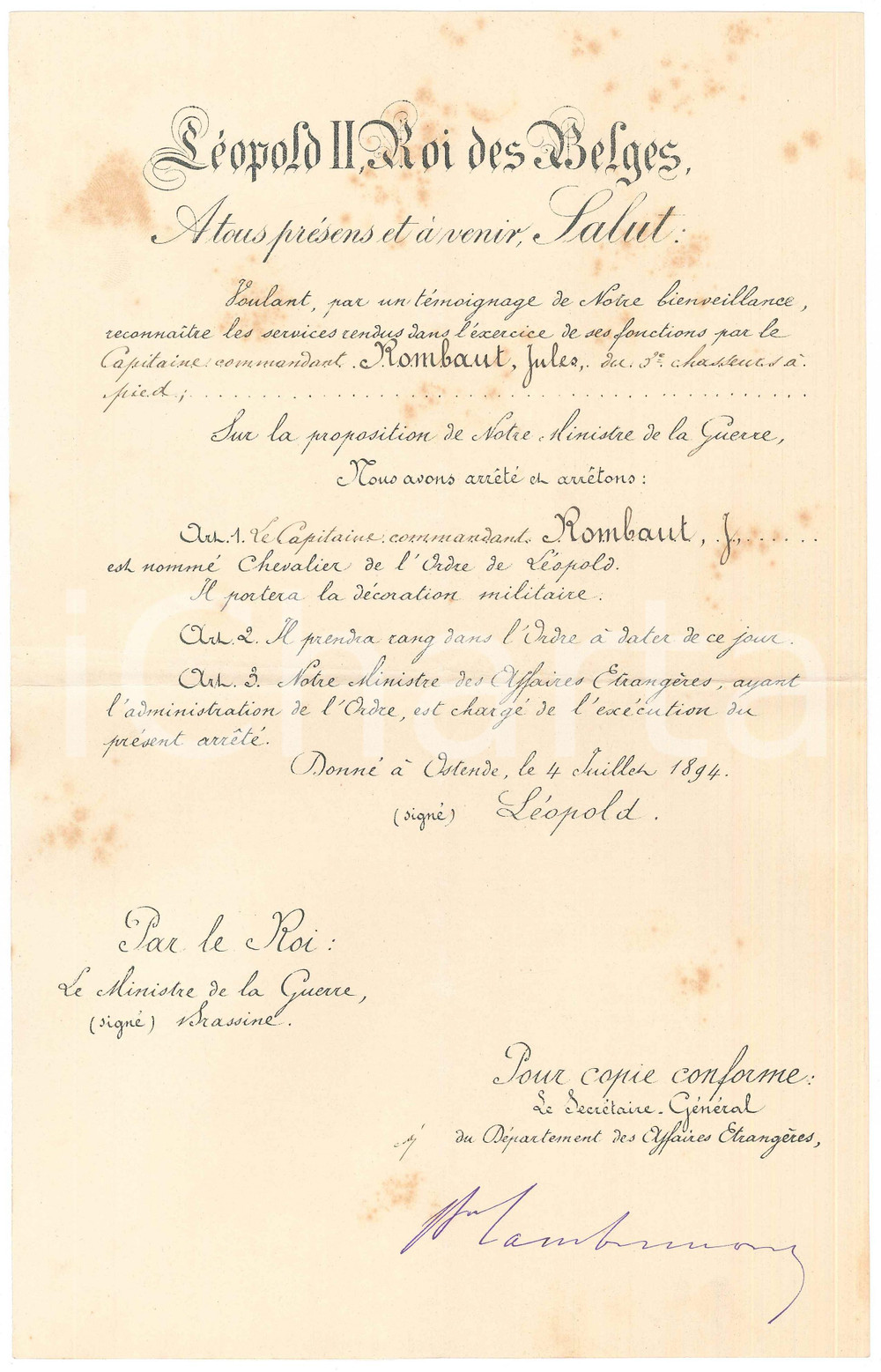 Documento originale, autentico 1894 BRUXELLES Jules ROMBAUT nouveau chevalier ordre de LÃ©opold Lettre 1