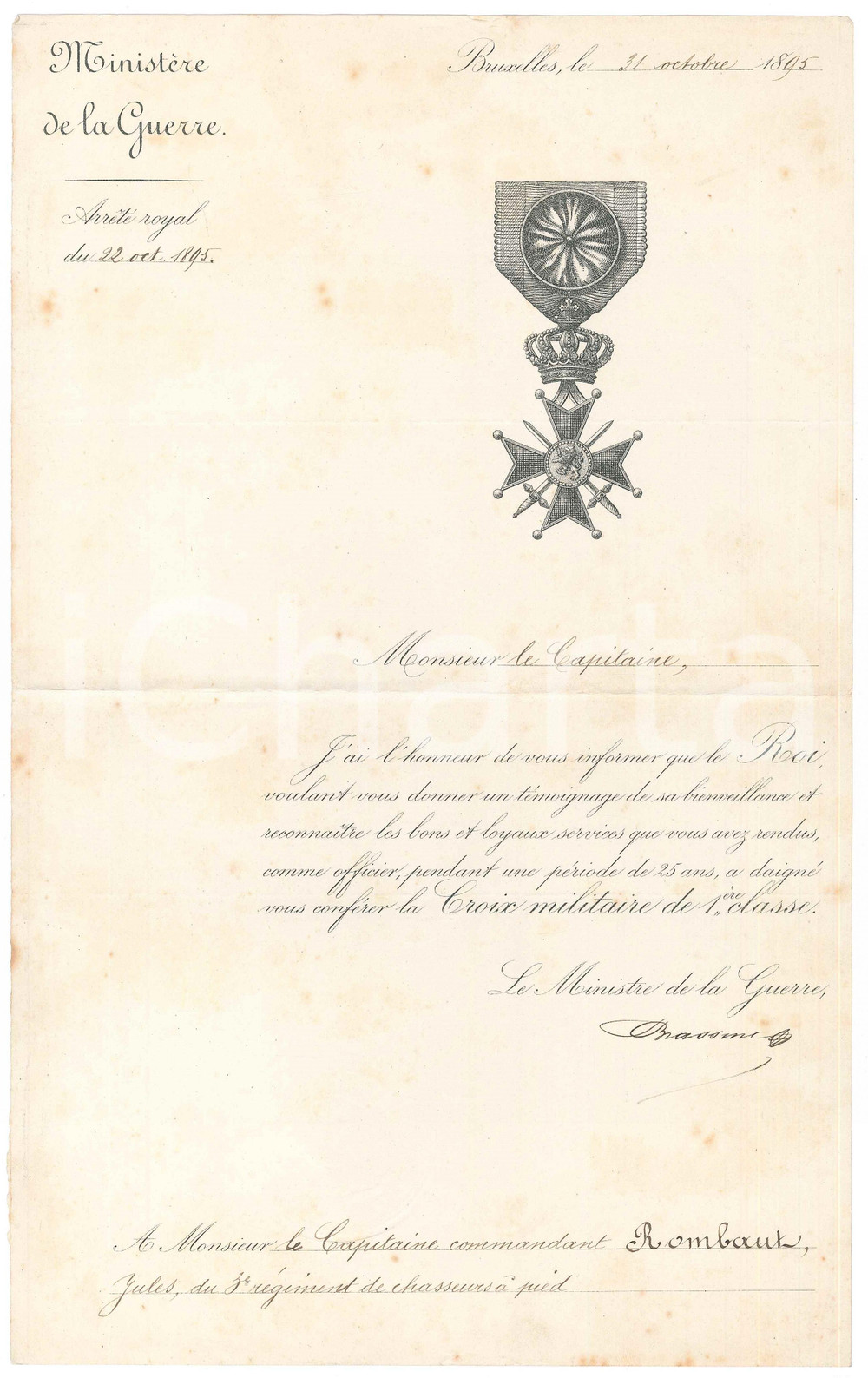 Documento originale, autentico 1895 BRUXELLES Jules ROMBAUT  Croix militaire 1Ã¨re classe BRASSINE Autographe 1