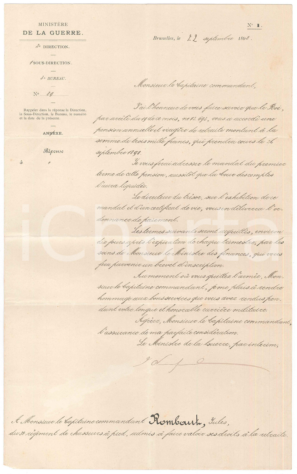 Documento originale, autentico 1898 BRUXELLES Lettre retraite Jules ROMBAUT Jules VANDENPEEREBOOM Autographe 1