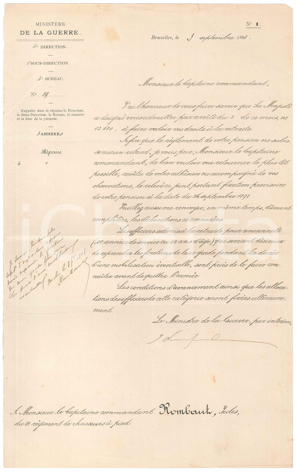 Documento originale, autentico 1898 BRUXELLES Lettre commandant Jules ROMBAUT Jules VANDENPEEREBOOM Autographe 1