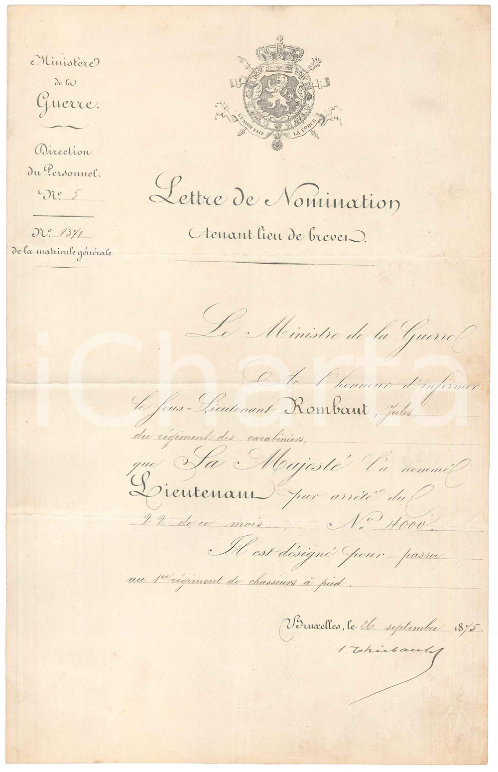 1875 BRUXELLES (B) Nomination Jules ROMBAUT *Séraphin THIEBAULT Autographe