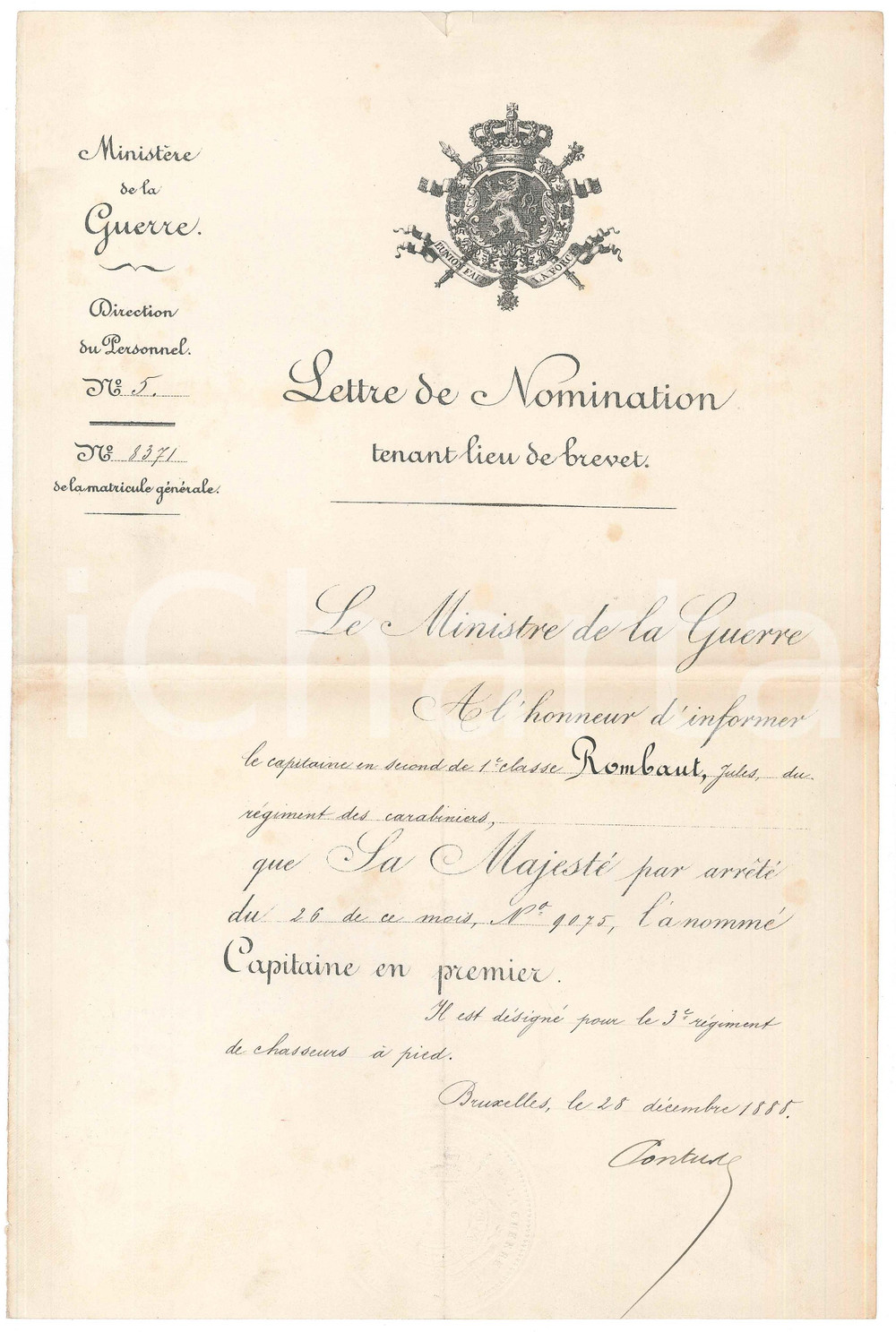 Documento originale, autentico 1888 BRUXELLES B Lettre nomination Jules ROMBAUT Charles PONTUS Autographe 1