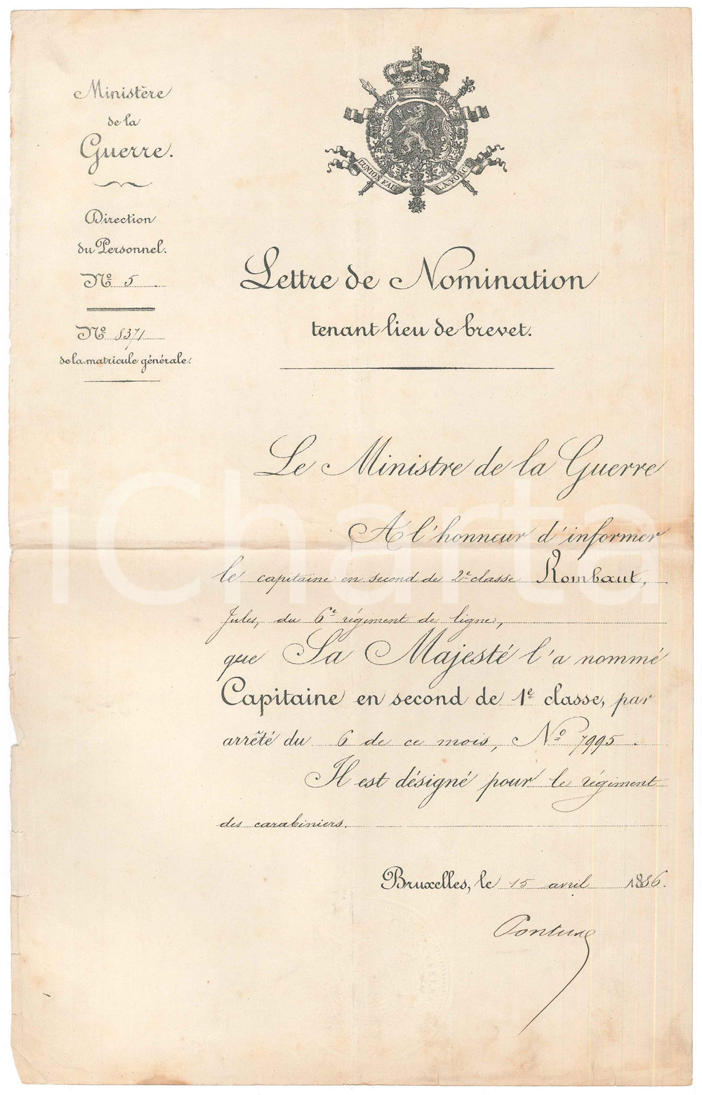 Documento originale, autentico 1886 BRUXELLES B Lettre nomination Jules ROMBAUT Charles PONTUS Autographe 1
