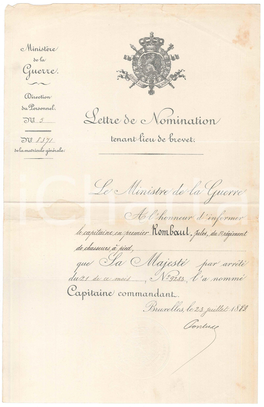 Documento originale, autentico 1889 BRUXELLES B Lettre nomination Jules ROMBAUT Charles PONTUS Autographe 1