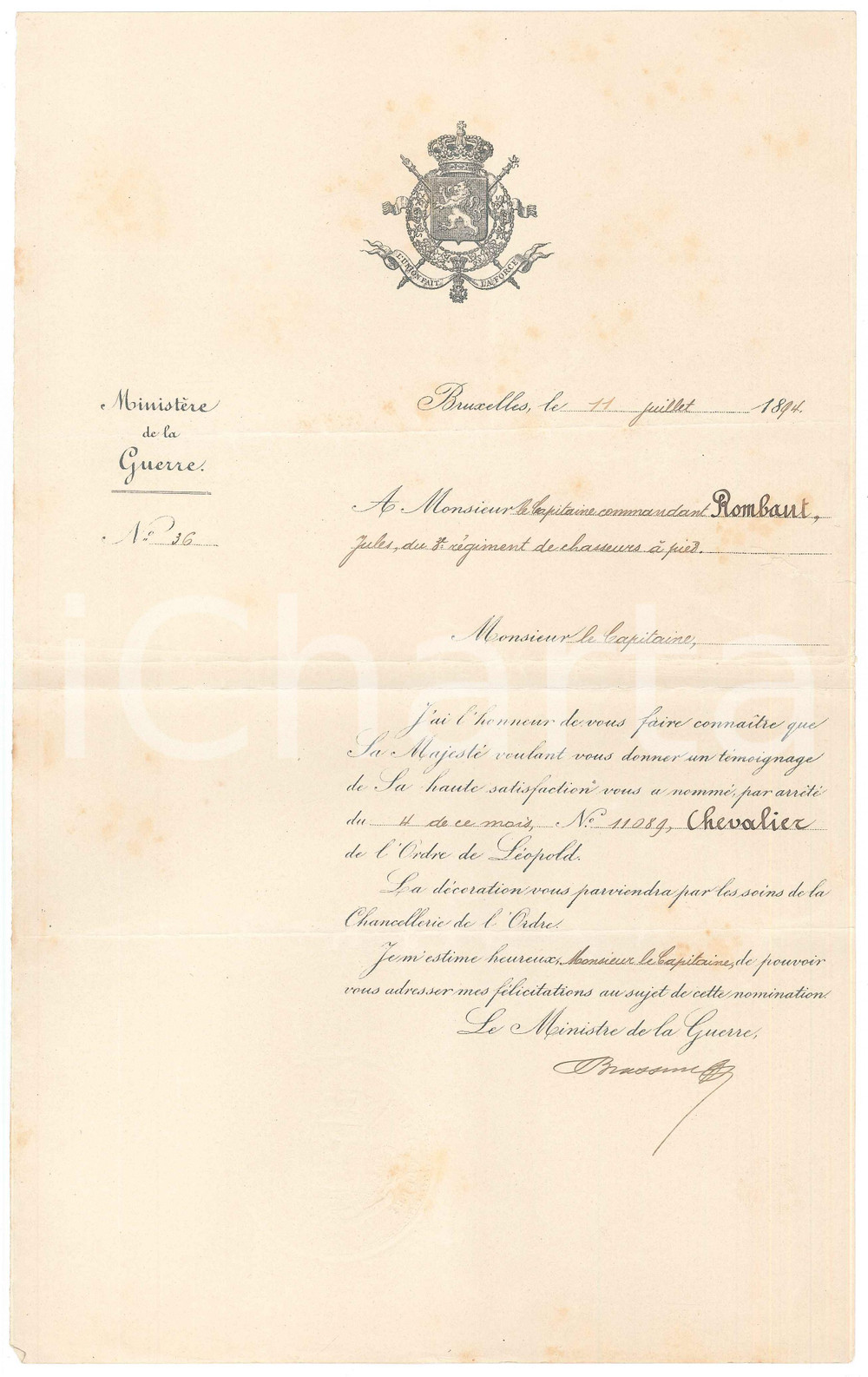 Documento originale, autentico 1894 BRUXELLES Nomination Jules ROMBAUT chevalier Jacques BRASSINE Autographe 1