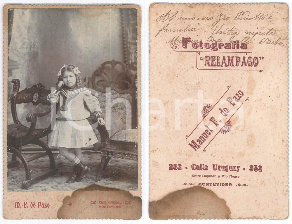 Fotografia d epoca originale 1915 ca MONTEVIDEO ARGENTINA Ritratto di bambina italiana Foto Manuel DO PAZO 1