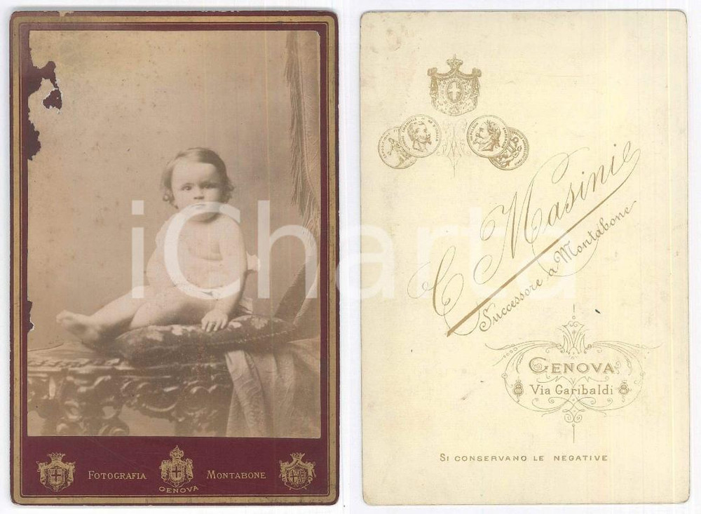 Fotografia d epoca originale 1890 ca GENOVA Ritratto di bambino sul cuscino  Foto C. MASINI succ. MONTABONE 1