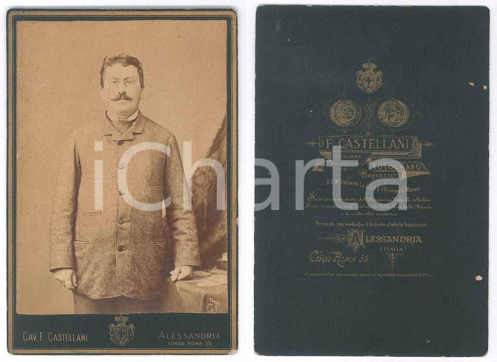 Fotografia d epoca originale 1890 ca ALESSANDRIA Ritratto maschile in piedi  Foto Cav. F. CASTELLANI 1