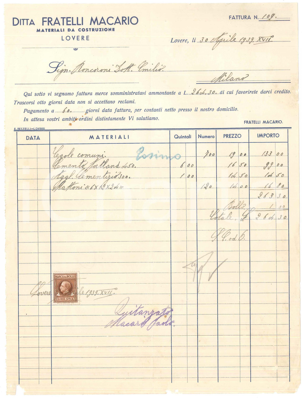 Documento originale, autentico 1939 LOVERE BG FRATELLI MACARIO  Materiali da costruzione  Fattura 1