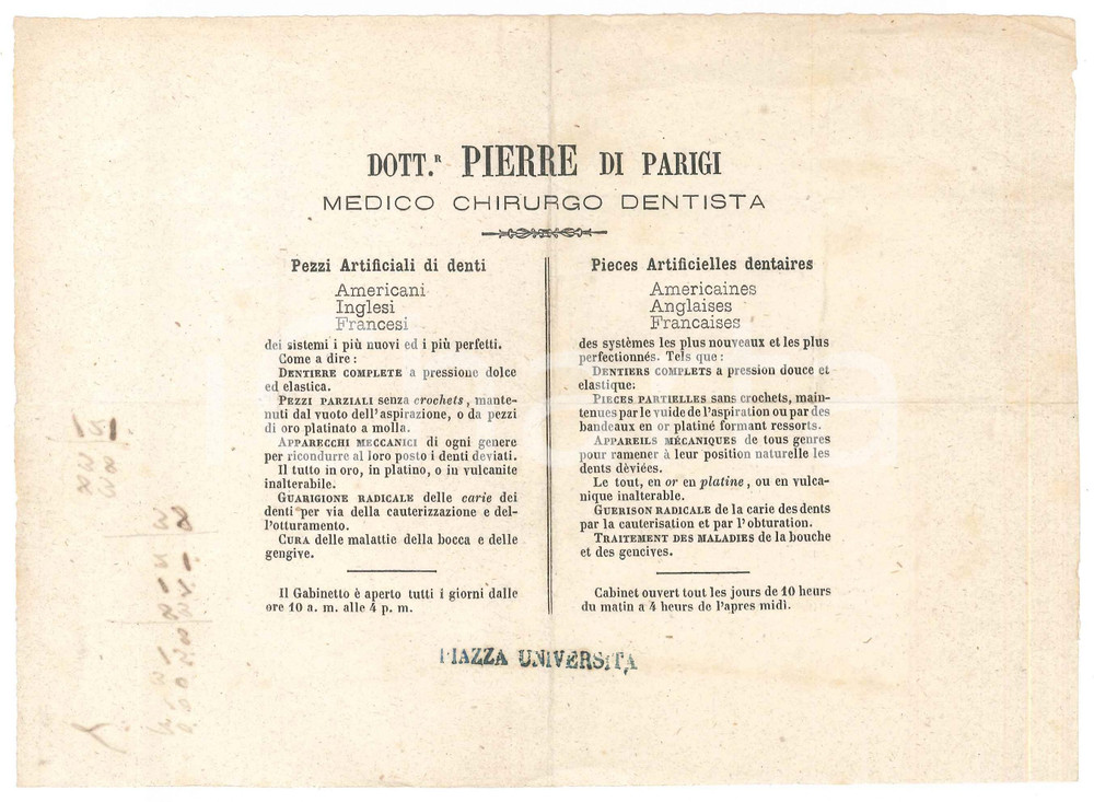 Materiale pubblicitario d’epoca 1890 ca Dott. PIERRE DI PARIGI Medico dentista  Volantino pubblicitario RARO 1