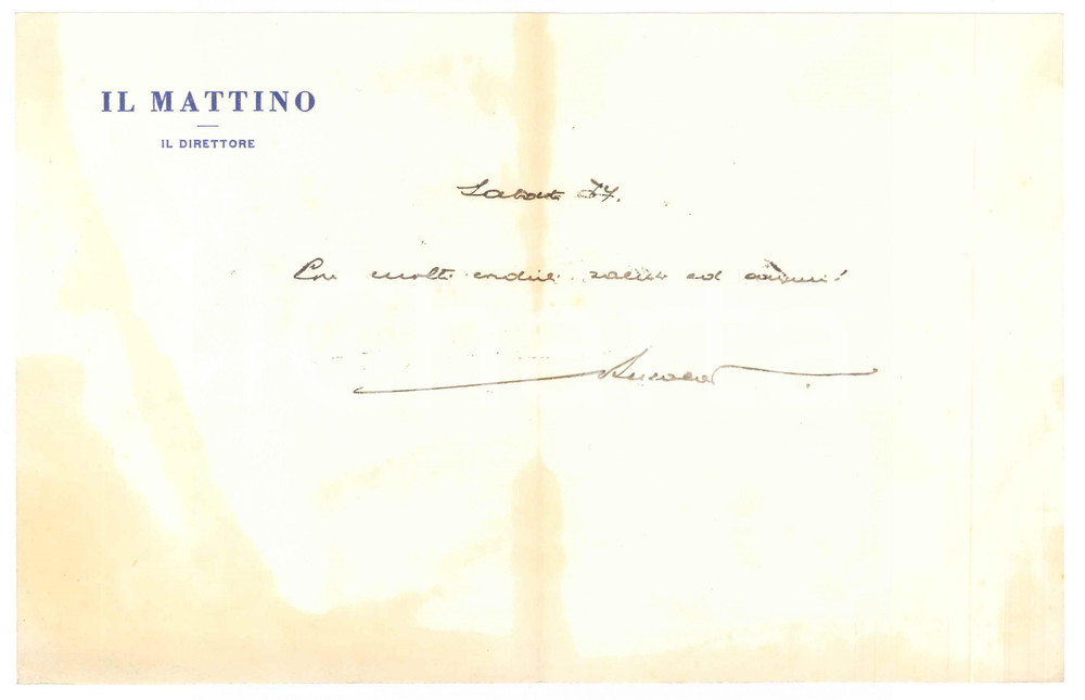 Autografo originale 1960 ca NAPOLI IL MATTINO Giovanni ANSALDO in favore di un conoscente Autografo 1