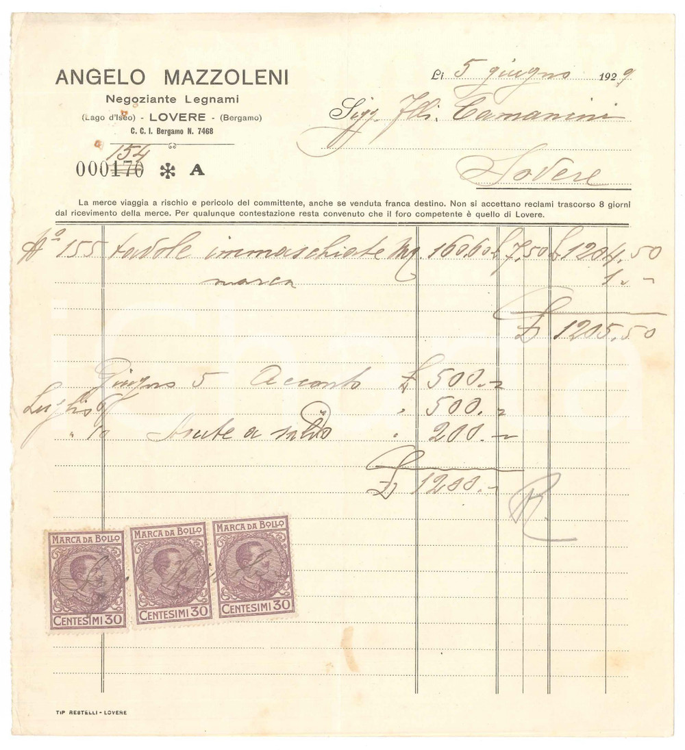Documento originale, autentico 1929 LOVERE BG Angelo MAZZOLENI Negoziante legnami  Fattura per tavole 1