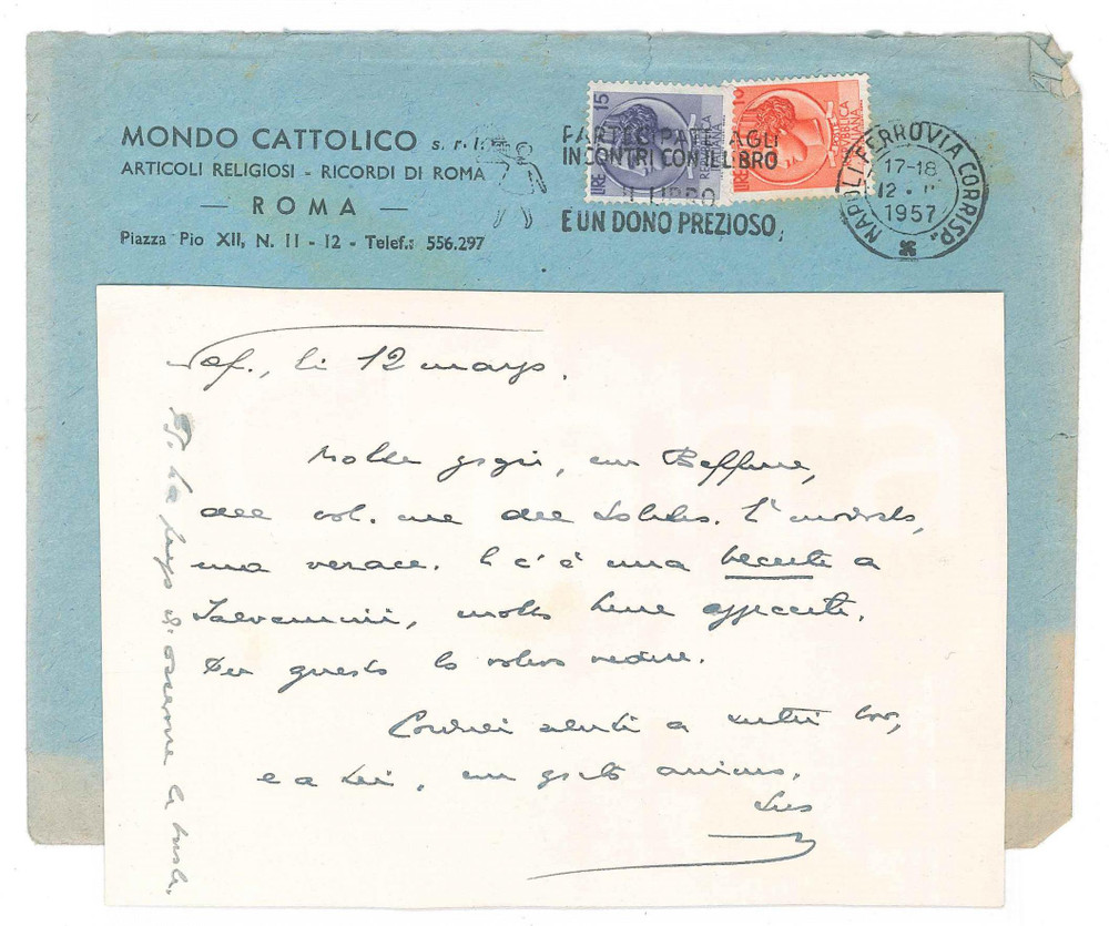 Autografo originale 1957 NAPOLI Cartolina Giovanni ANSALDO per ringraziamento  AUTOGRAFO 1