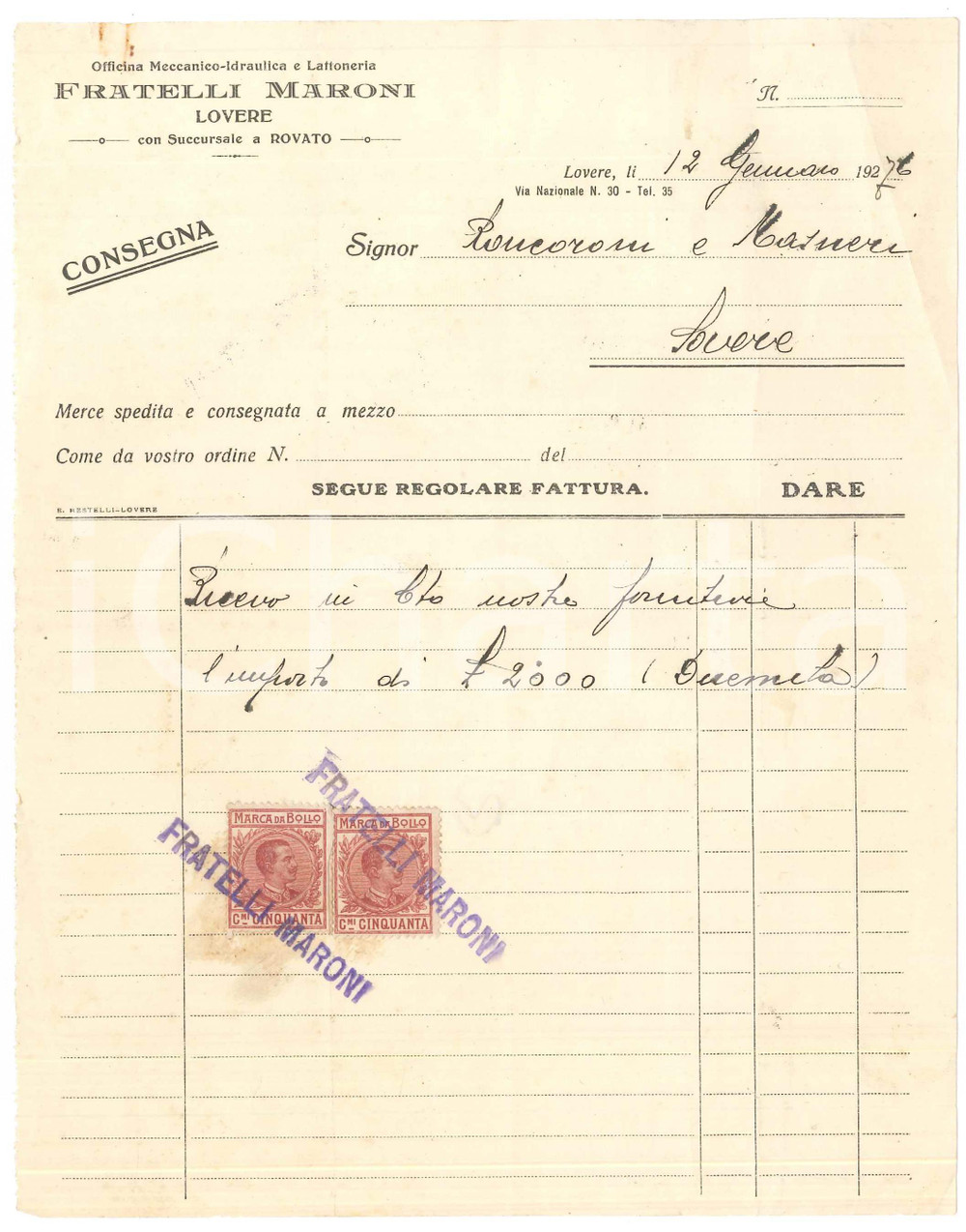 Documento originale, autentico 1927 LOVERE BG FRATELLI MARONI Officina Meccanica e Lattoneria  Ricevuta 1