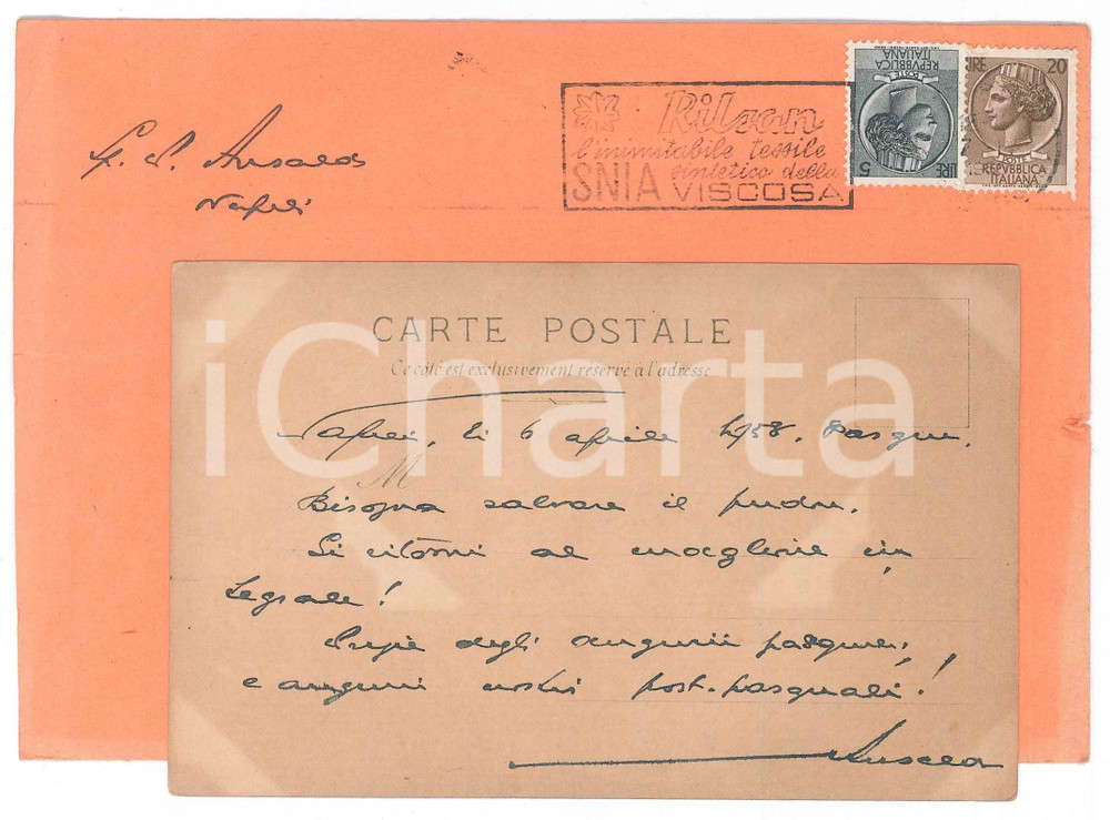 Autografo originale 1958 NAPOLI Cartolina Giovanni ANSALDO Bisogna salvare il pudore AUTOGRAFO 1