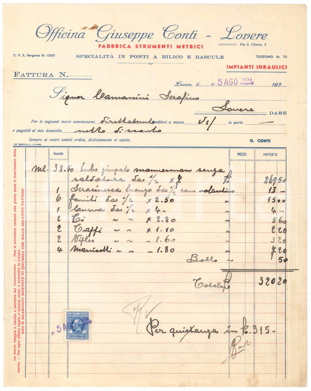 Documento originale, autentico 1939 LOVERE BG Officina Giuseppe CONTI  Fabbrica strumenti metrici  Fattura 1