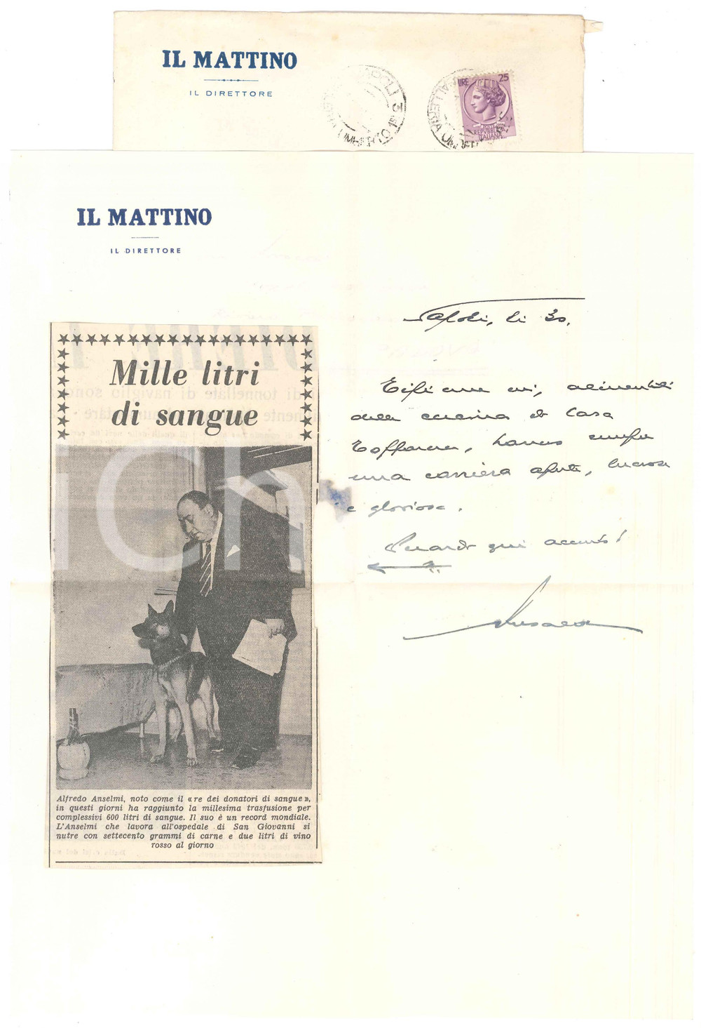 Autografo originale 1960 ca NAPOLI IL MATTINO Giovanni ANSALDO su Alfredo Anselmi Autografo 1
