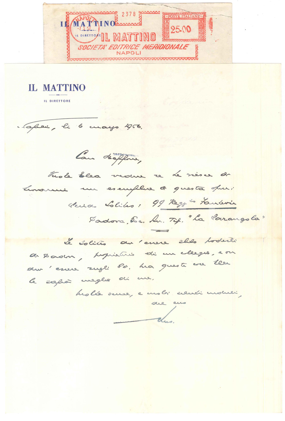Autografo originale 1956 NAPOLI IL MATTINO Direttore Giovanni ANSALDO in cerca di un libro AUTOGRAFO 1