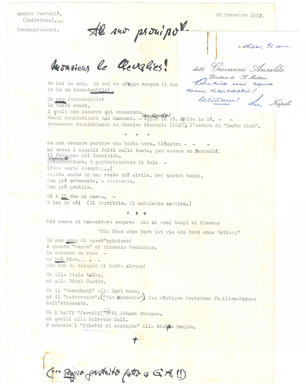 Autografo originale 1962 NAPOLI IL MATTINO Direttore Giovanni ANSALDO  Poesia BarbablÃ¹ Autografo 1