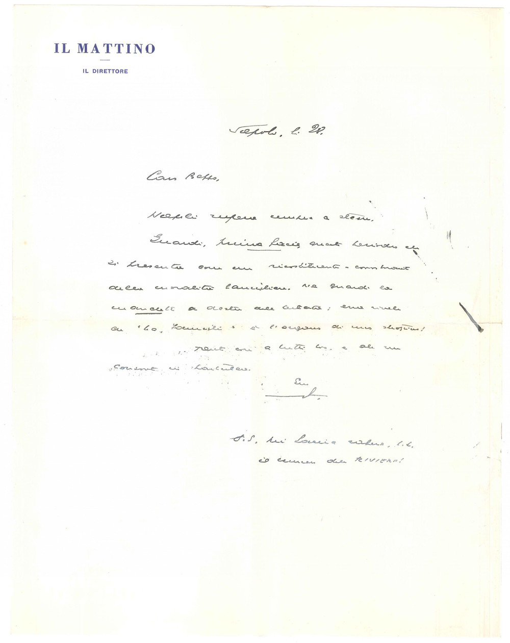 Autografo originale 1960 ca NAPOLI IL MATTINO Direttore Giovanni ANSALDO  Lettera Autografo 1