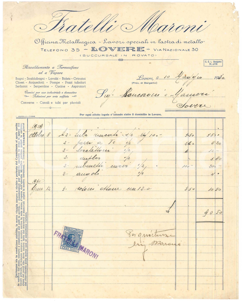 Documento originale, autentico 1930 LOVERE BG FRATELLI MARONI Officina Metallurgica  Fattura per tubi 1