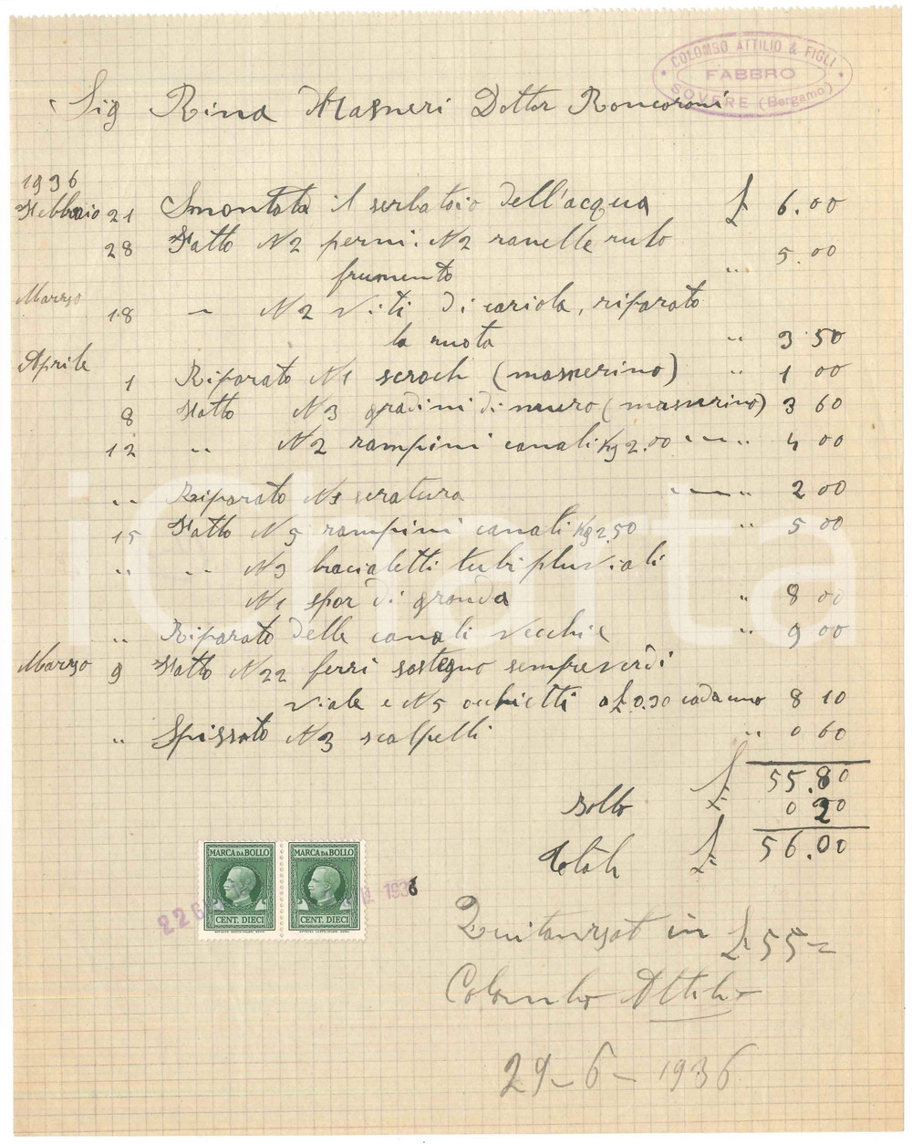 Documento originale, autentico 1936 SOVERE BG Attilio COLOMBO & Figli fabbro  Conto manoscritto 1