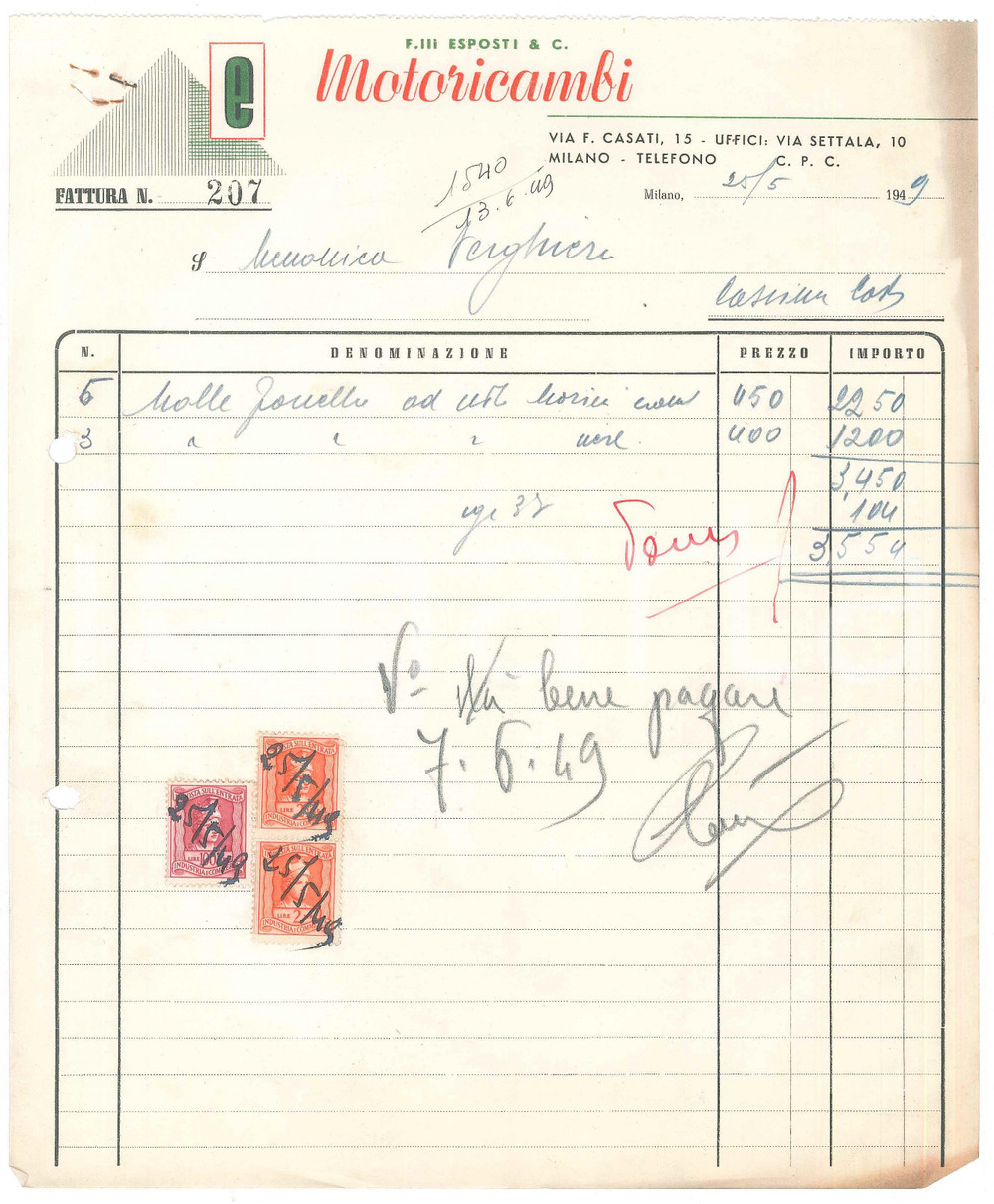 Documento originale, autentico 1949 MILANO Via F. Casati 15  F.lli ESPOSTI Motoricambi Fattura 1
