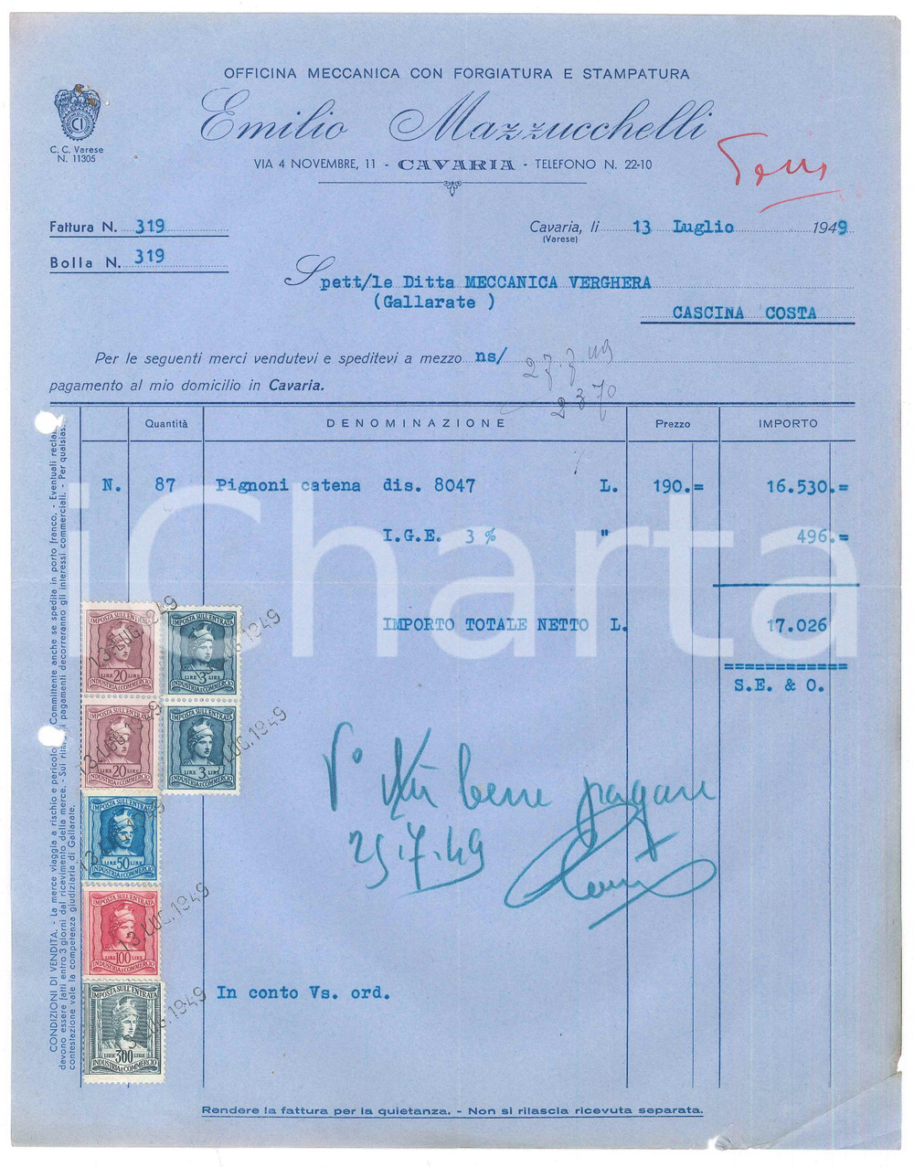 Documento originale, autentico 1949 CAVARIA VA Officina meccanica Emilio MAZZUCCHELLI  Fattura pignoni 1
