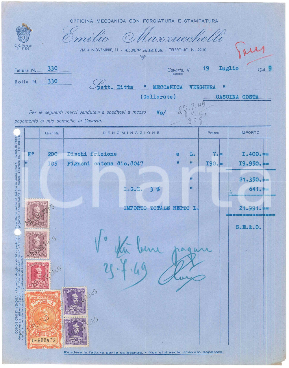 Documento originale, autentico 1949 CAVARIA VA Officina meccanica Emilio MAZZUCCHELLI  Fattura dischi 1