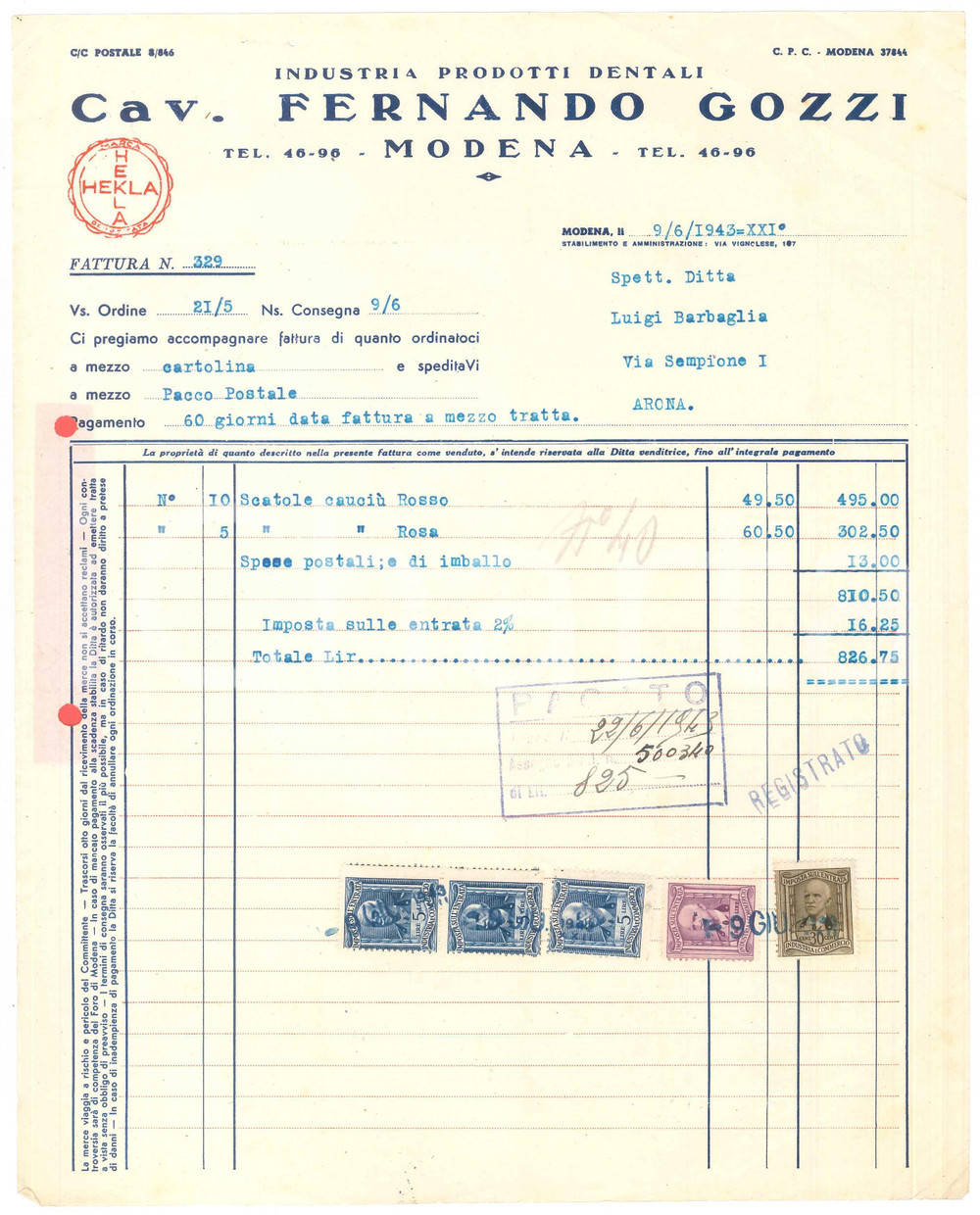 Documento originale, autentico 1943 MODENA Via Vignolese 26  Fernando GOZZI impianti dentali  Fattura 1
