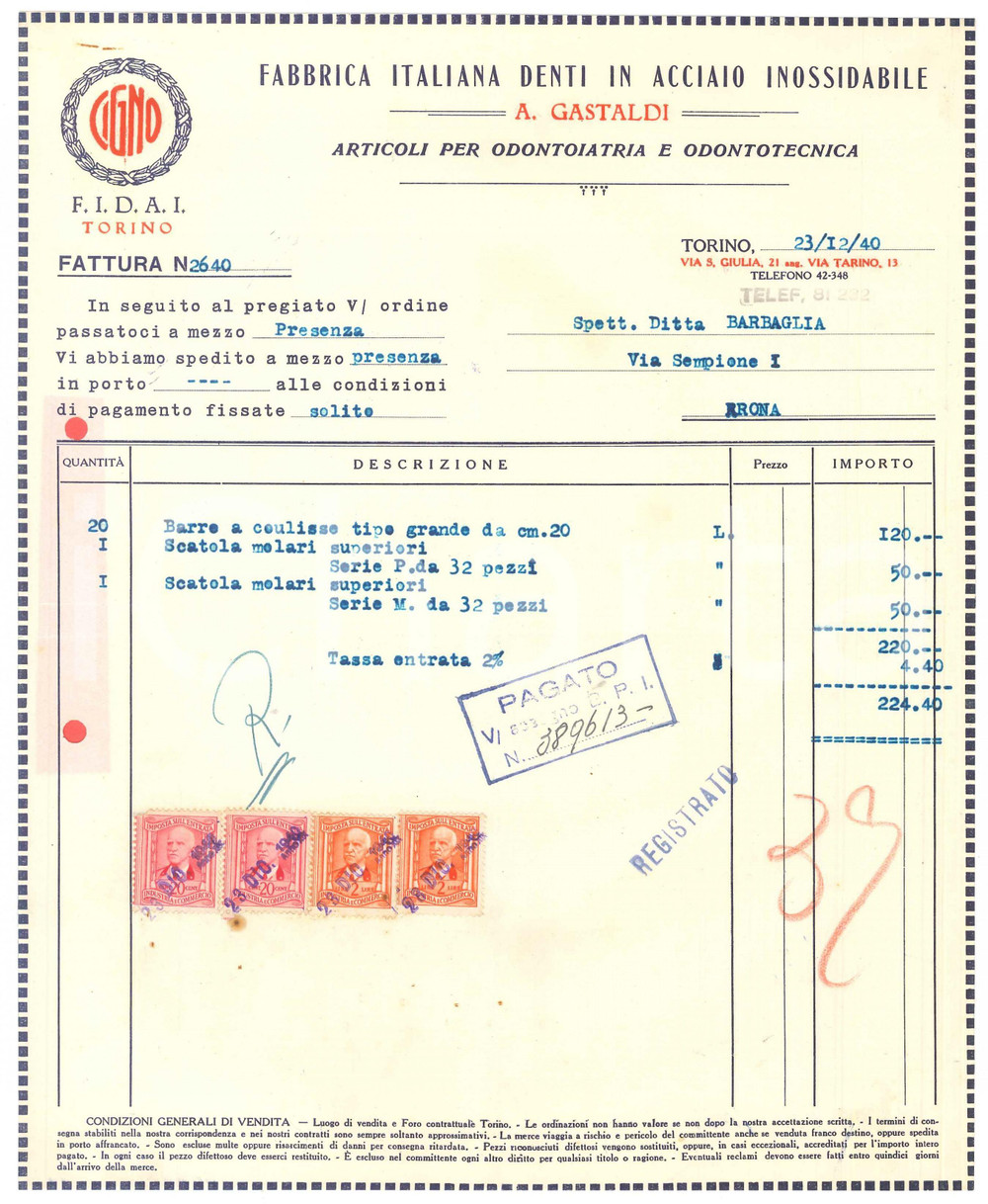 Documento originale, autentico 1940 TORINO Via S. Giulia  A. GASTALDI Fabbrica Italiana Denti Acciaio Fattura 1