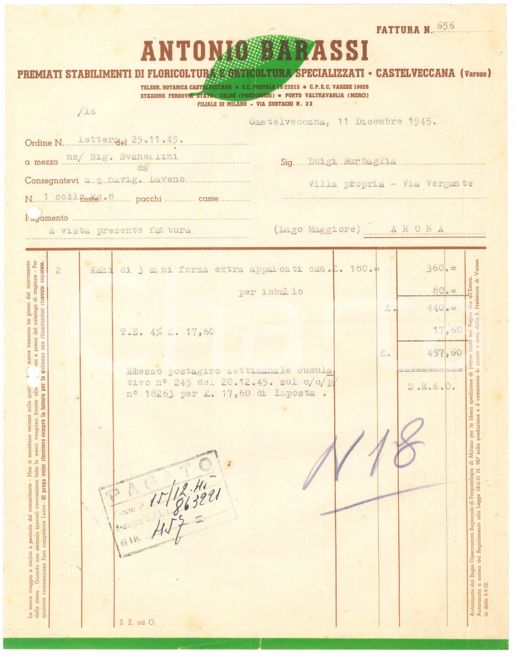 Documento originale, autentico 1945 CASTELVECCANA VA Antonio BARASSI Floricoltura e oritcoltura Fattura 1