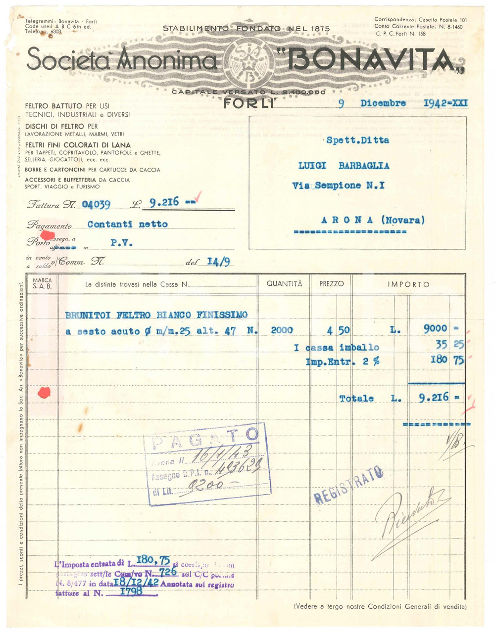 Documento originale, autentico 1942 FORLI   SocietÃ  Anonima BONAVITA Feltro battuto  Fattura 1