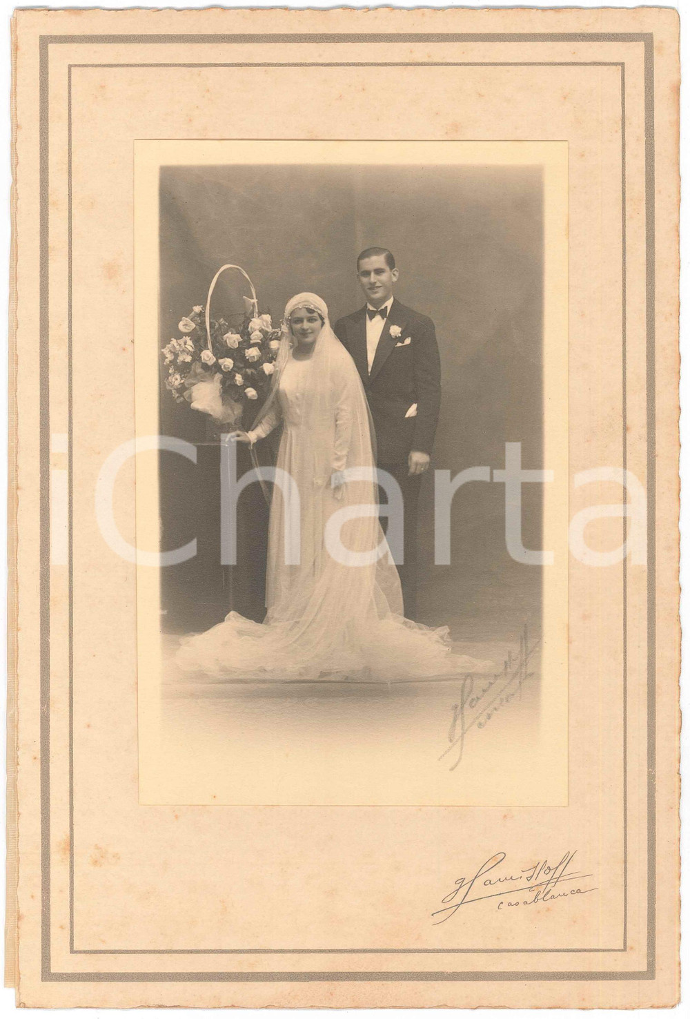 Fotografia d epoca originale 1925 ca CASABLANCA Coppia di sposi  Ritratto Foto Georges SAMISSOFF 18x24 cm 1