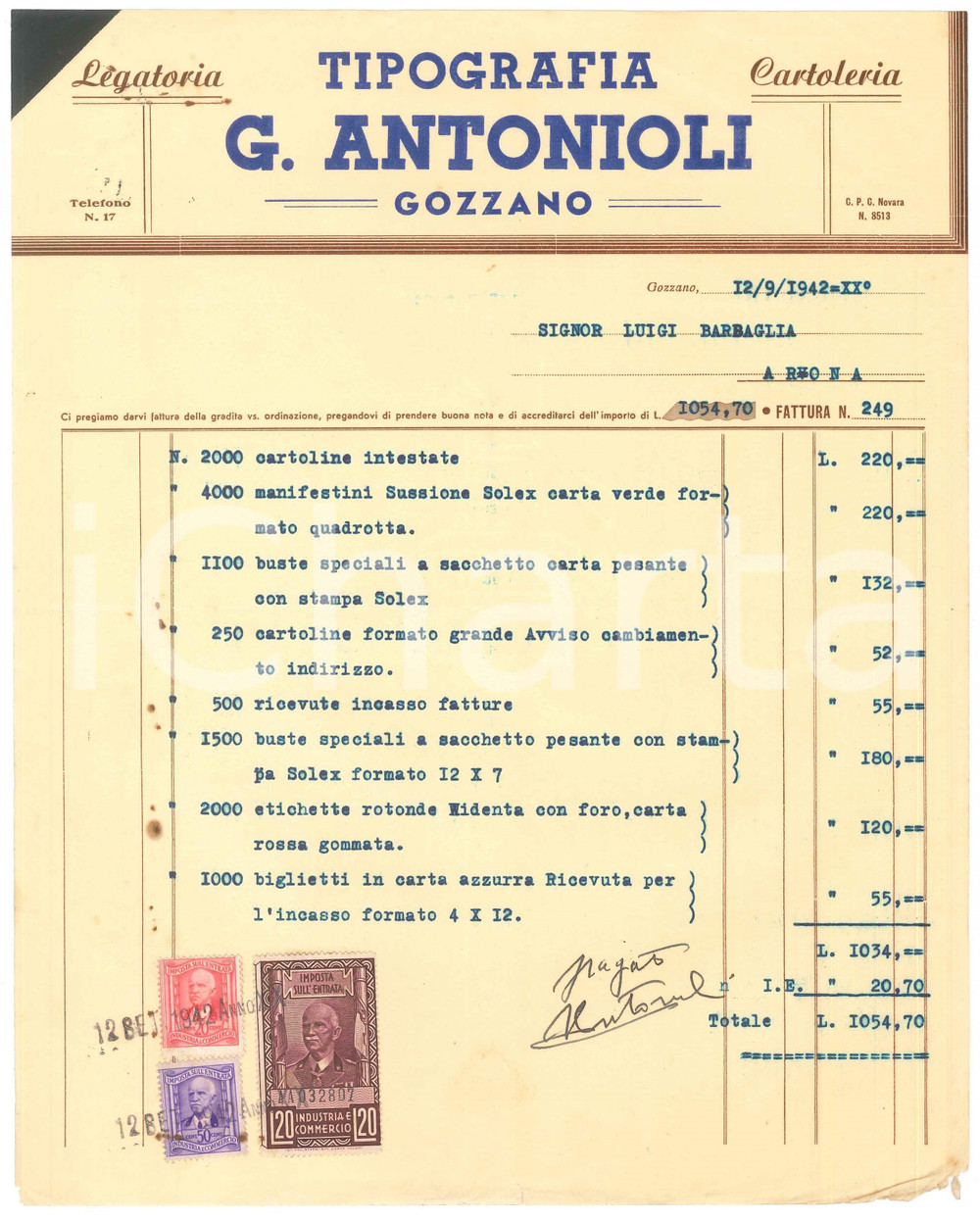 Documento originale, autentico 1942 GOZZANO NO Tipografia G. ANTONIOLI Legatoria Fattura 1