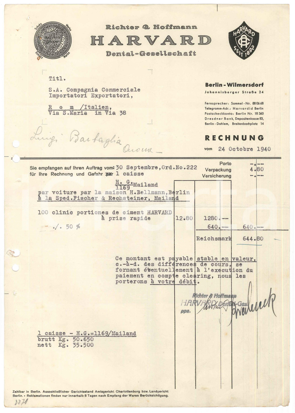 Documento originale, autentico 1940 BERLIN  RICHTER & HOFFMANN  HARVARD DentalGesellschaft Fattura 1