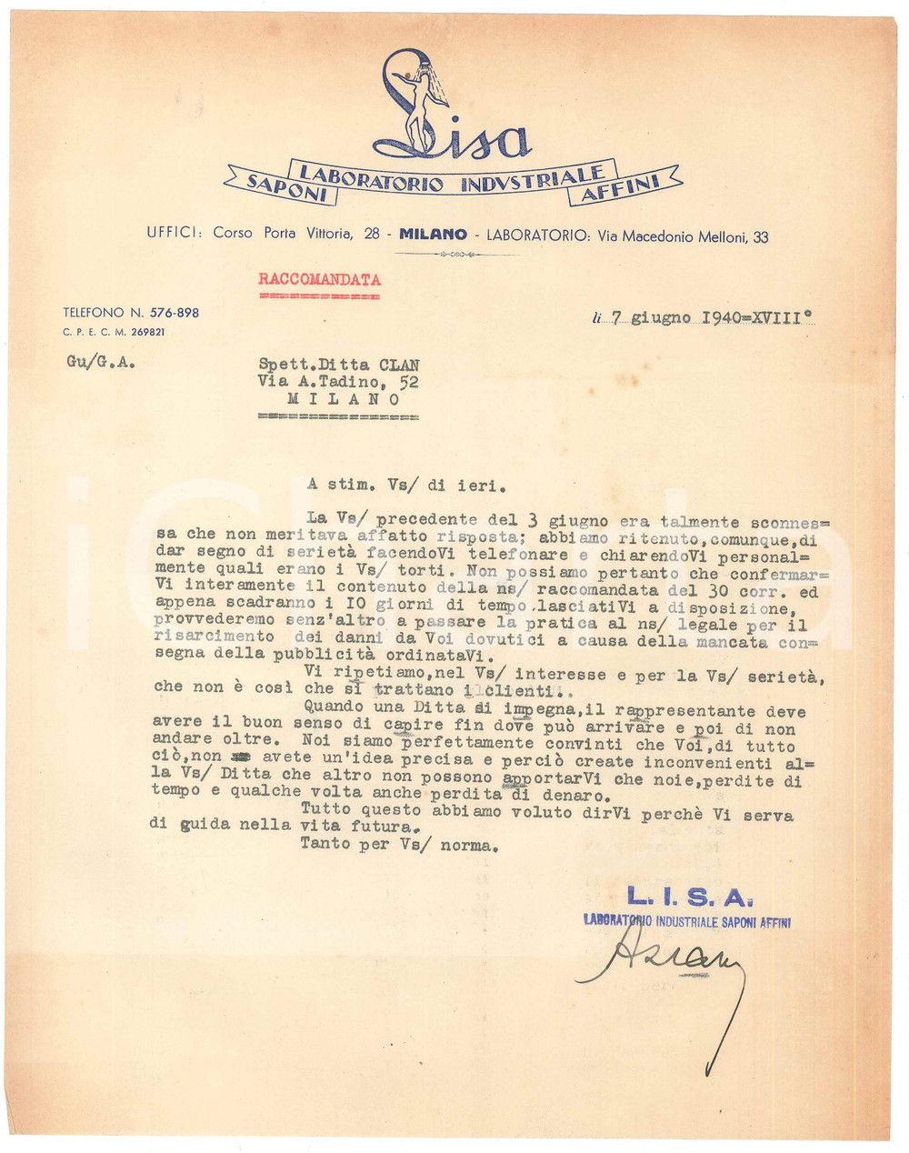 Documento originale, autentico 1940 MILANO Porta Vittoria  LISA Laboratorio Saponi Lettera commerciale 1
