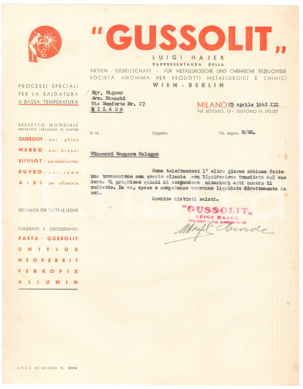 Documento originale, autentico 1941 MILANO via Astolfo 13  Luigi HAJEK rappresentante GUSSOLIT  Lettera 1
