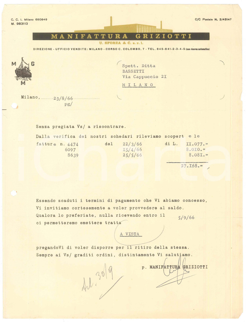 Documento originale, autentico 1966 MILANO Corso C. Colombo 7  Manifattura GRIZIOTTI  Lettera commerciale 1