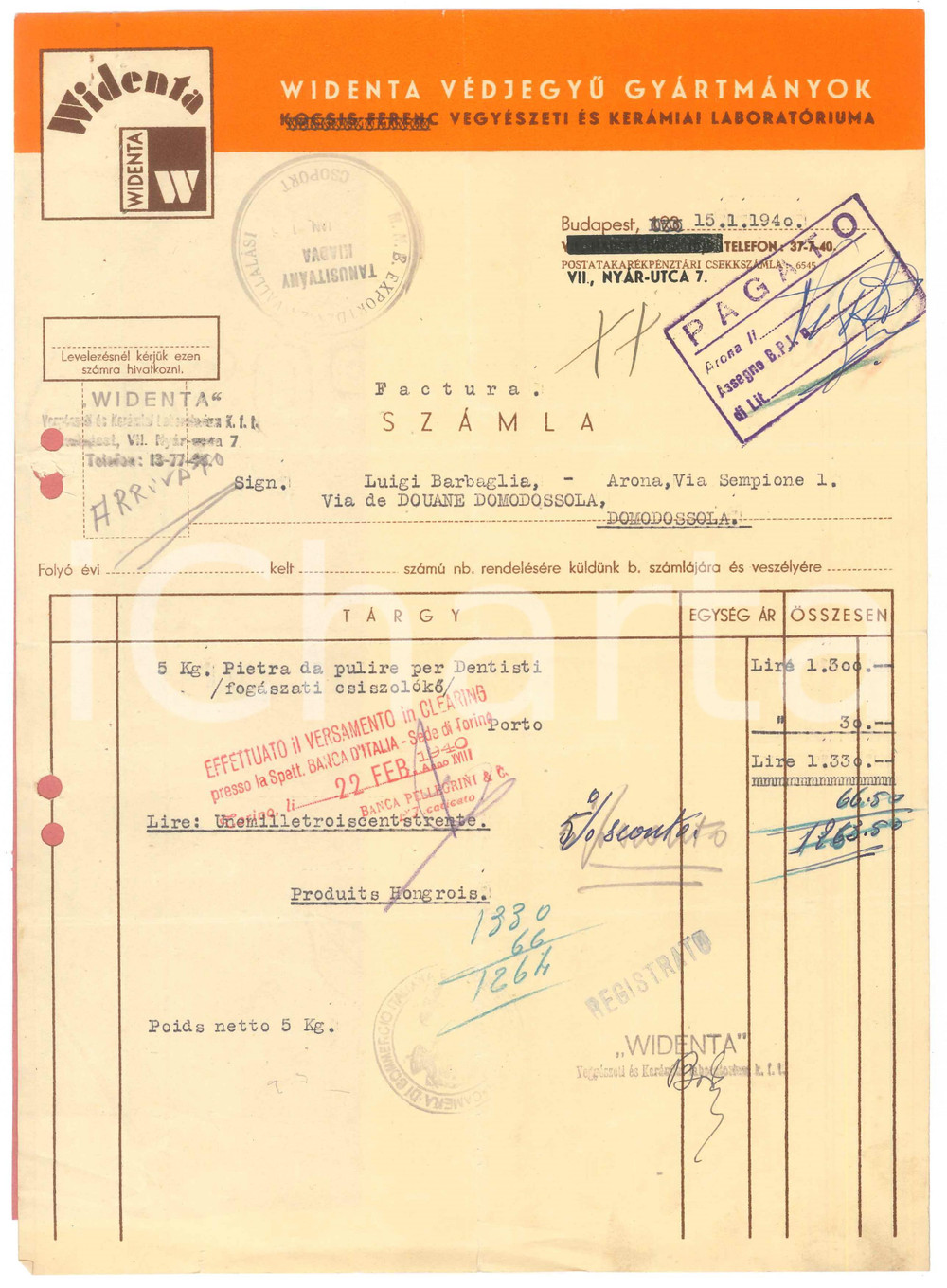 Documento originale, autentico 1940 BUDAPEST HUNGARY WIDENTA Vegyeszeti es keramiai laboratorium Fattura 1