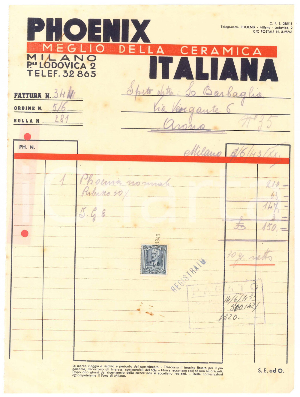 Documento originale, autentico 1943 MILANO P.le Lodovica 2  PHOENIX ITALIANA Meglio della ceramica  Fattura 1