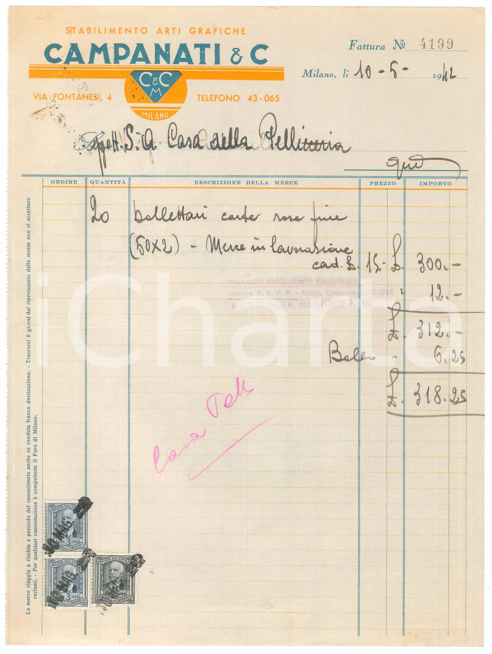 Documento originale, autentico 1942 MILANO Via Fontanesi 4  CAMPANATI Stabilimento Arti Grafiche Fattura 1