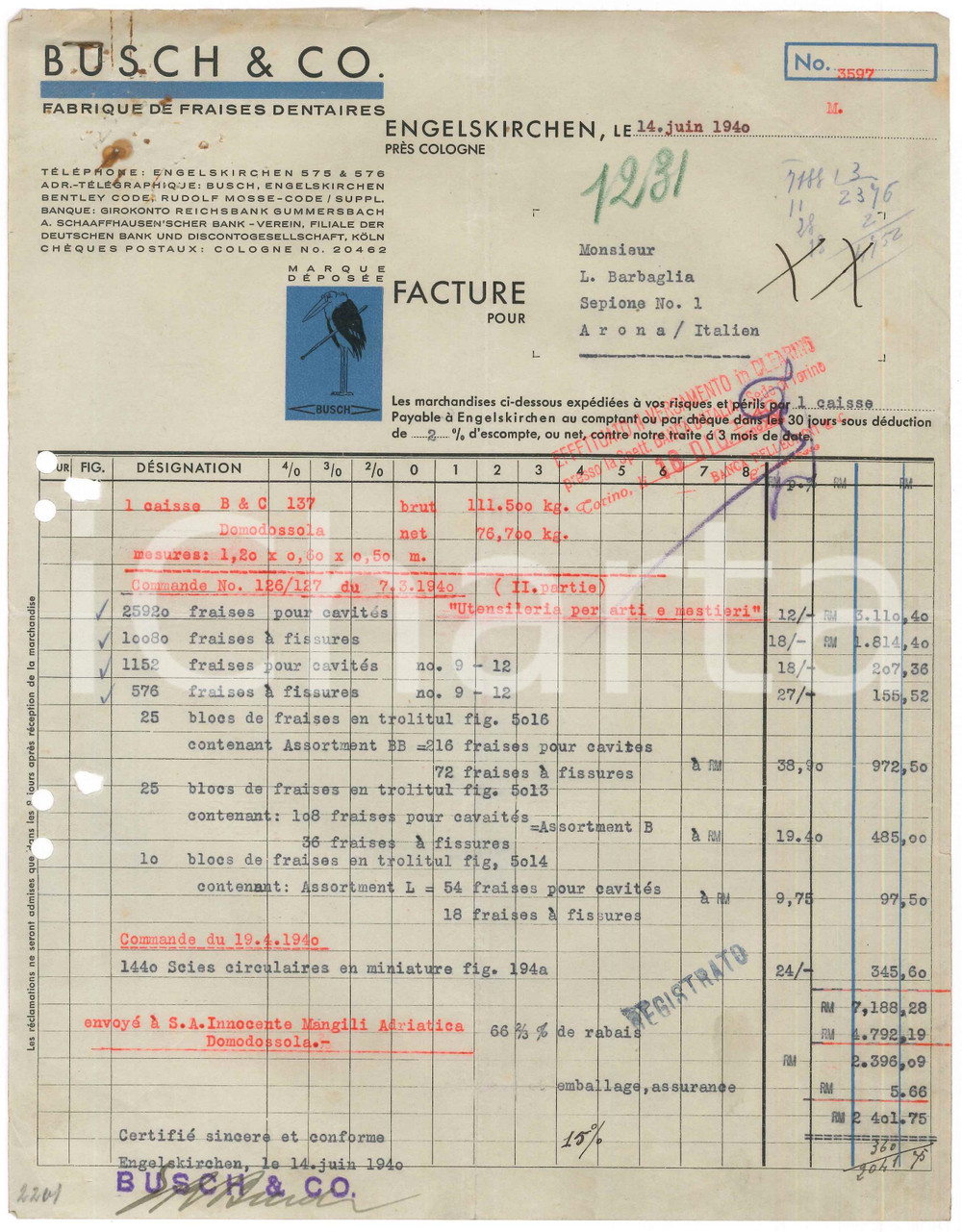 Documento originale, autentico 1940 ENGELSKIRCHEN  BUSCH & Co. Fabrique fraises dentaires Fattura 1