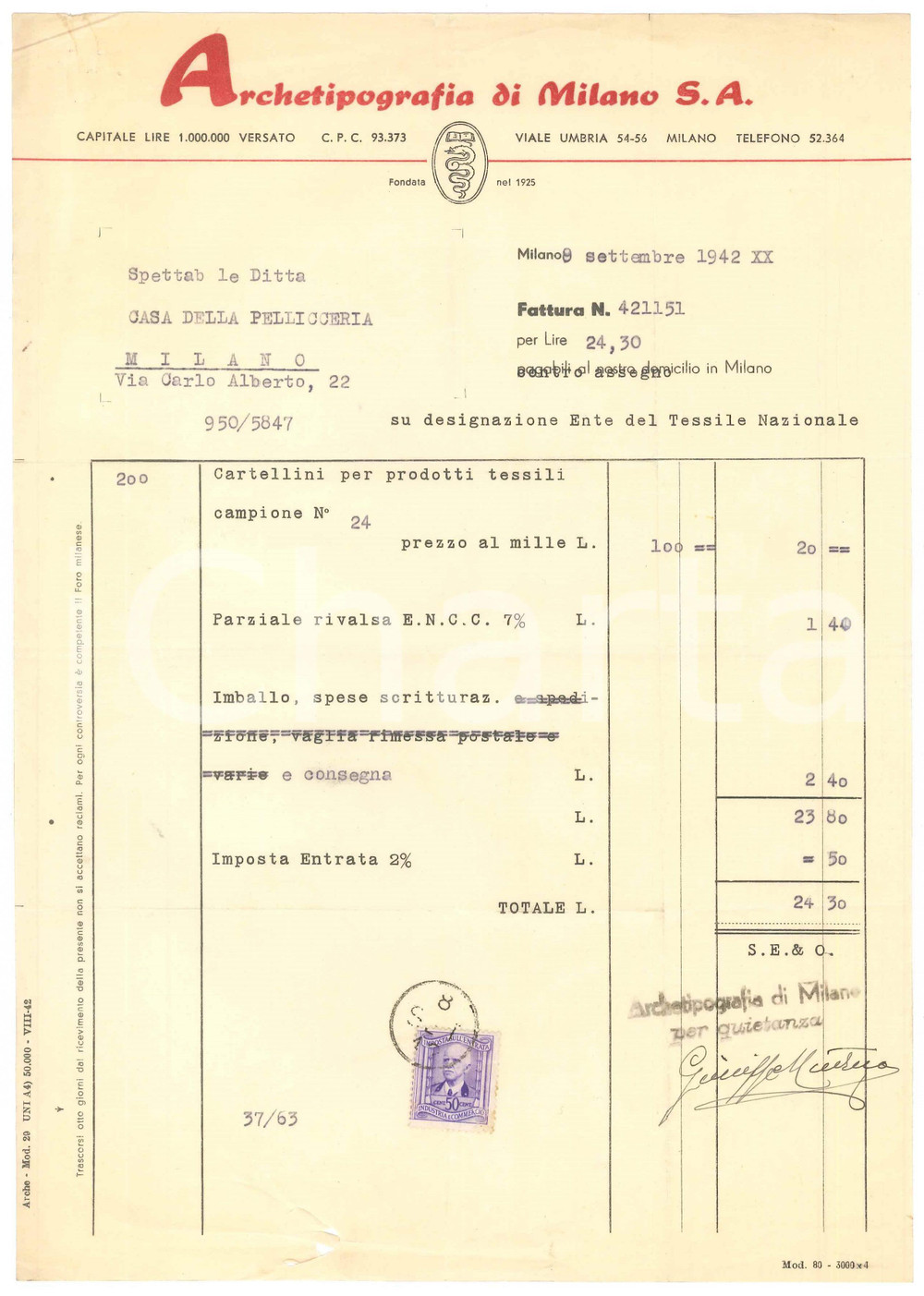 Documento originale, autentico 1942 MILANO Via Carlo Alberto 22  Archeotipografia di Milano s.a.  Fattura 1