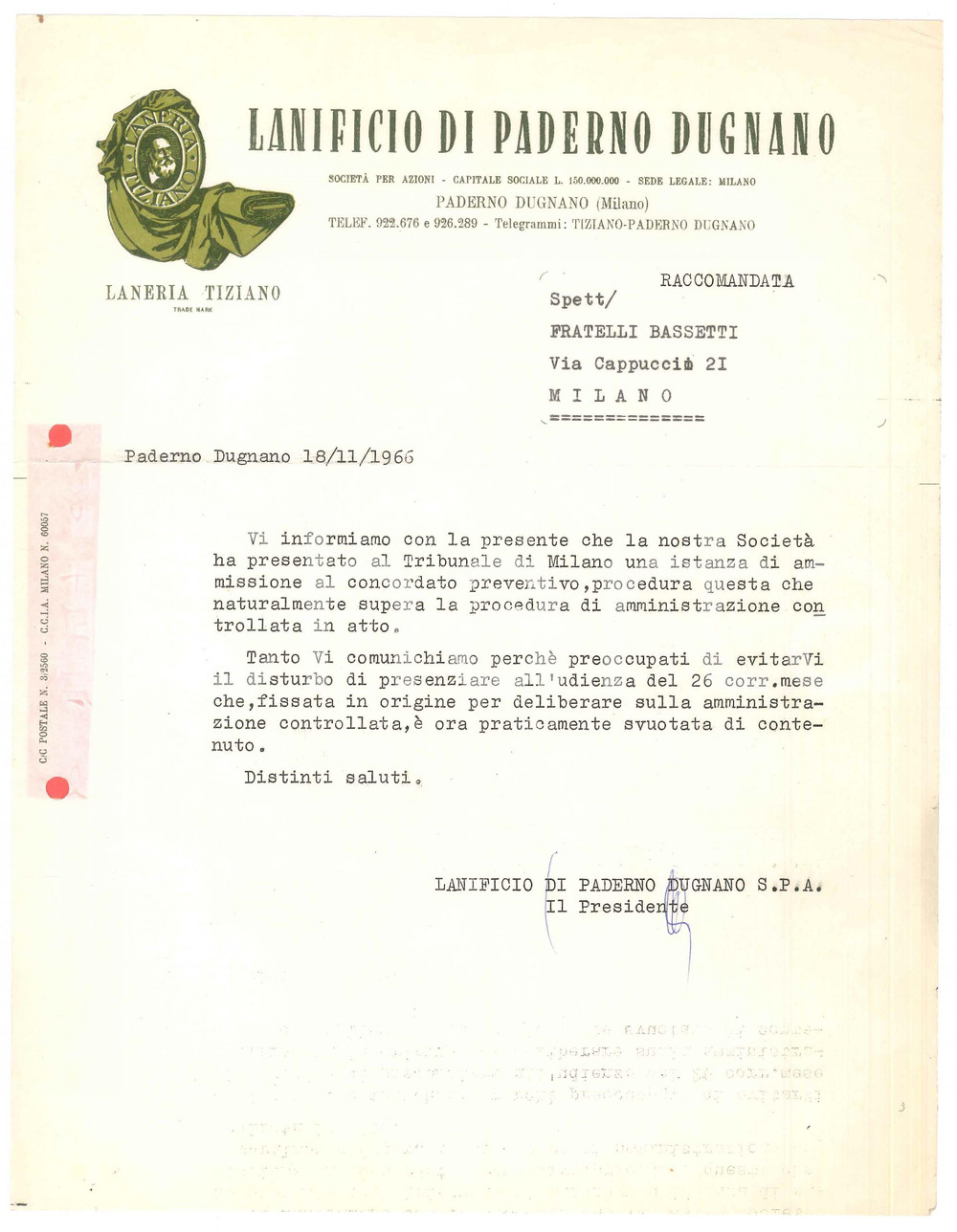 Documento originale, autentico 1966 LANIFICIO DI PADERNO DUGNANO MI Laneria Tiziano  Lettera concordato 1