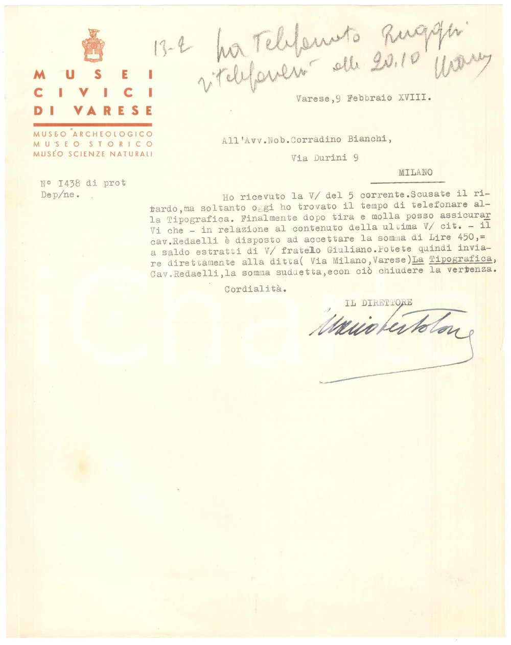 1940 Musei Civici di VARESE - Lettera direttore Mario BERTOLONE *AUTOGRAFO