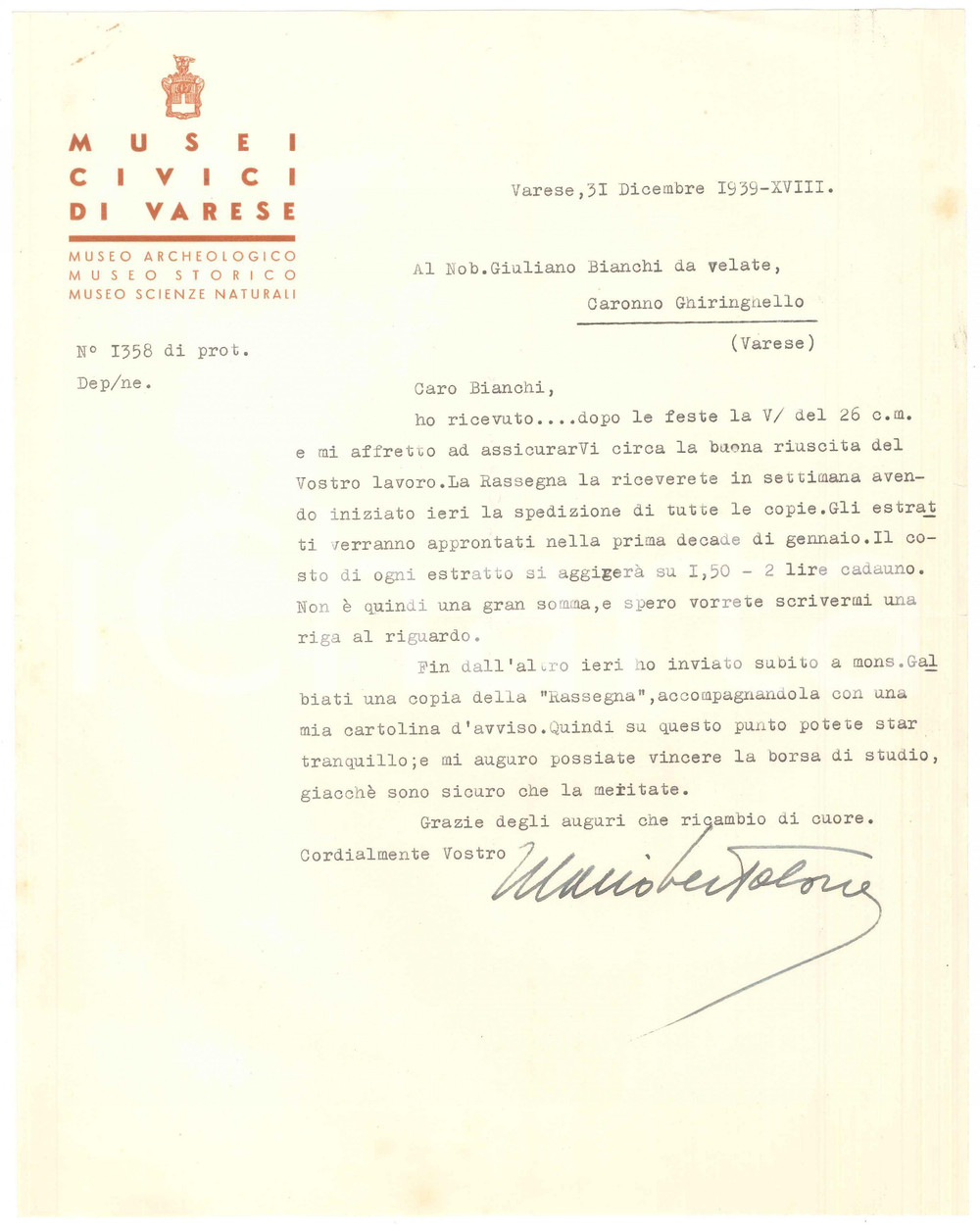 Autografo originale 1939 Musei Civici di VARESE  Lettera direttore Mario BERTOLONE AUTOGRAFO 1