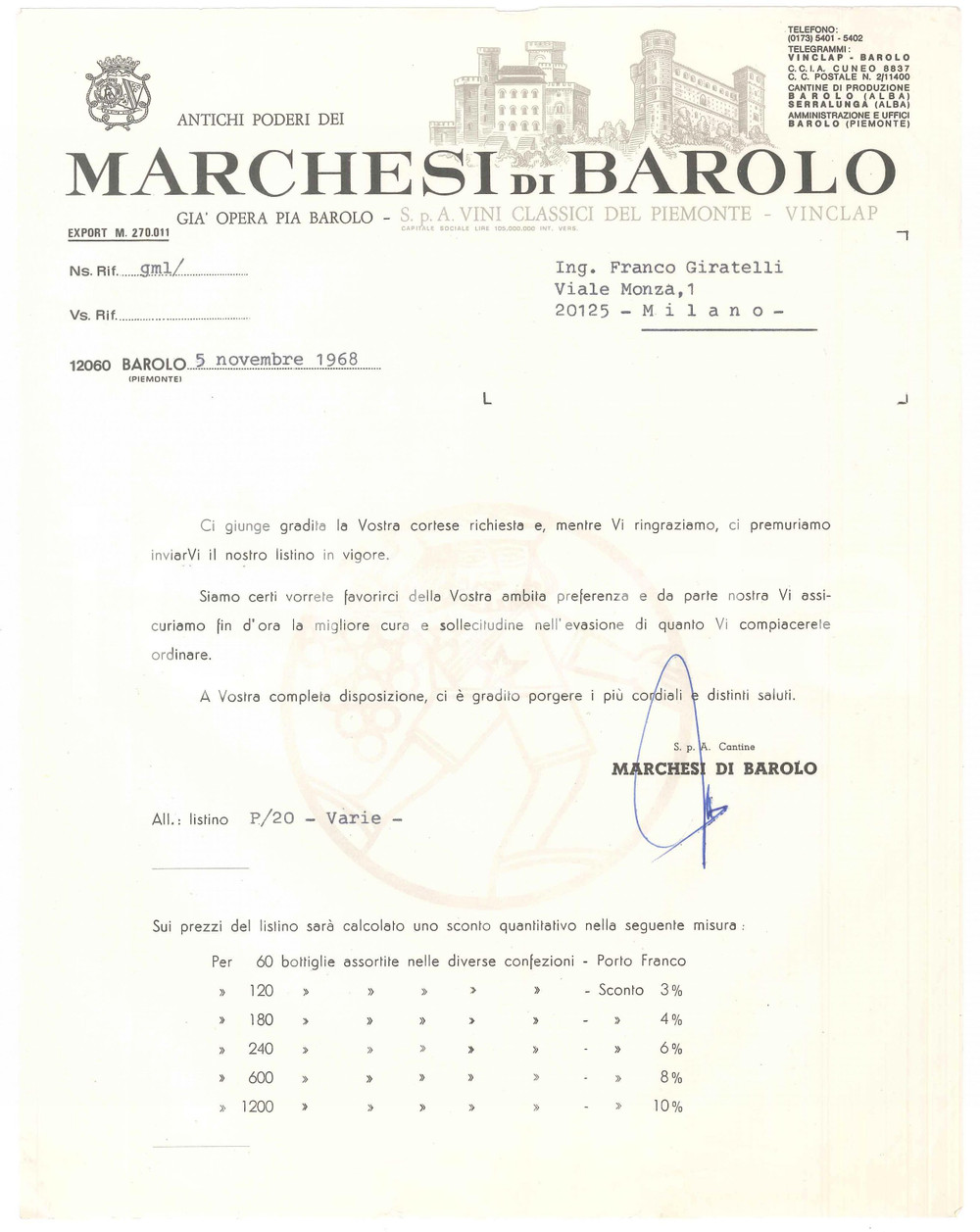Documento originale, autentico 1968 BAROLO  Antichi Poderi MARCHESI DEL BAROLO Vini  Lettera listino 1