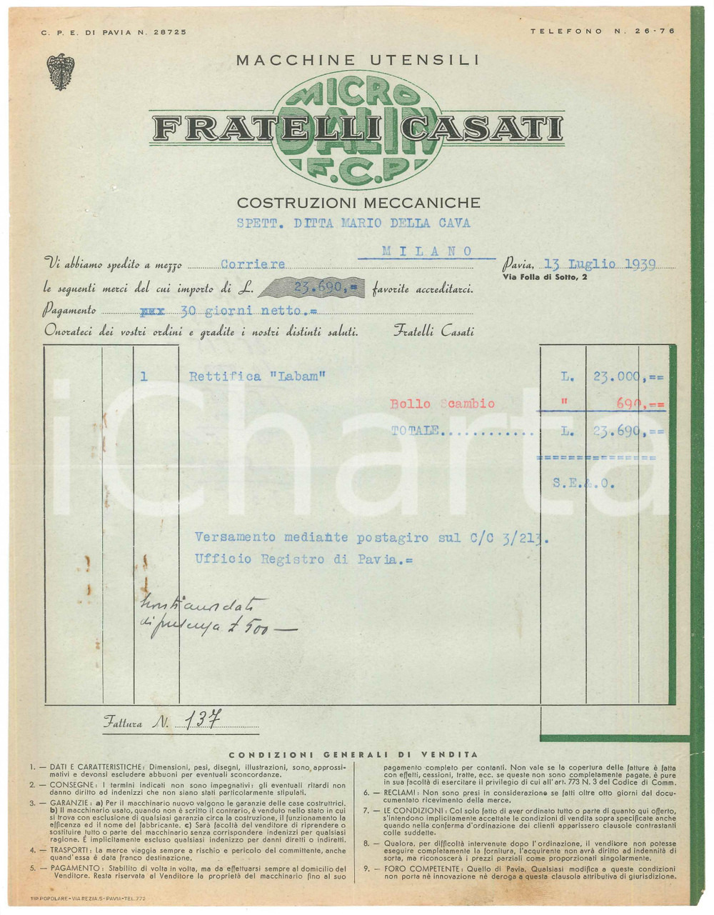 Documento originale, autentico 1939 PAVIA Fratelli CASATI Macchine utensili  Costruzioni meccaniche Fattura 1