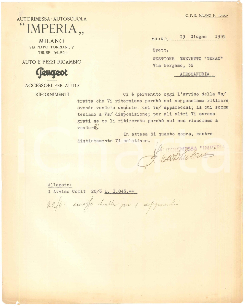 Documento originale, autentico 1935 MILANO Via Napo Torriani 7  Autoscuola IMPERIA  Ricambi PEUGEOT  Lettera 1